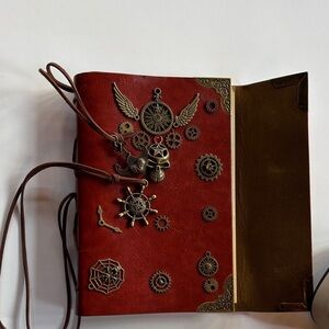 Vintage Red Faux Leather Steampunk Journal W/Metal Accents Scull Anchor